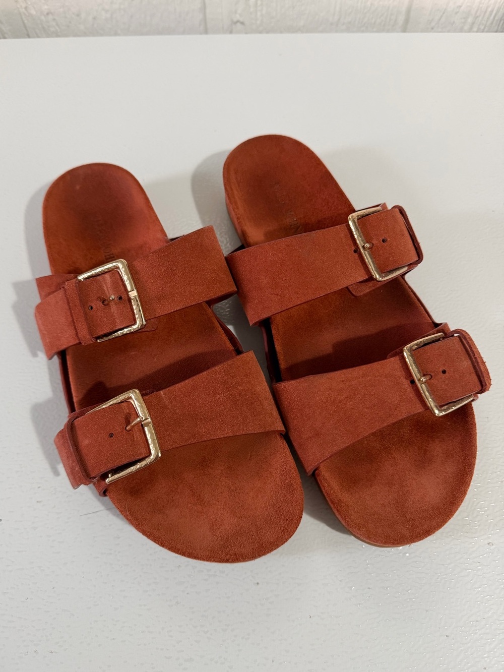 Ulla Johnson Burnt Orange Leather Double Buckle Slide Sandals EU 40 US 9 Footbed